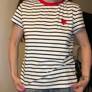 SHEIN Black and White Striped Top with Red Accents